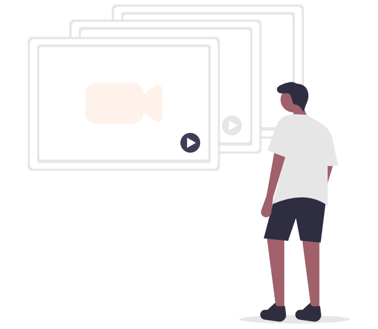 Illustration of man standing in front of a screen displaying a play video button